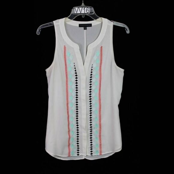 Sanctuary White Medium Sleeveless Top w/ turquoise, peach-ish black stitch - Picture 1 of 5